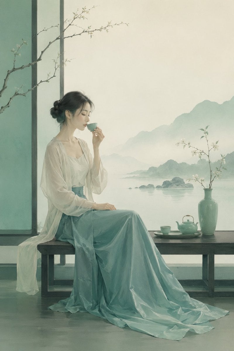 极简东方禅意半写实插画，主体为[主体]，青绿颜色体系，较强饱和对比，画面空灵静谧，大面积留白，带轻雾感、静止空气感和朦胧远景层次，可结合极简空间、湖面、远山、器 - AI生成图片 3