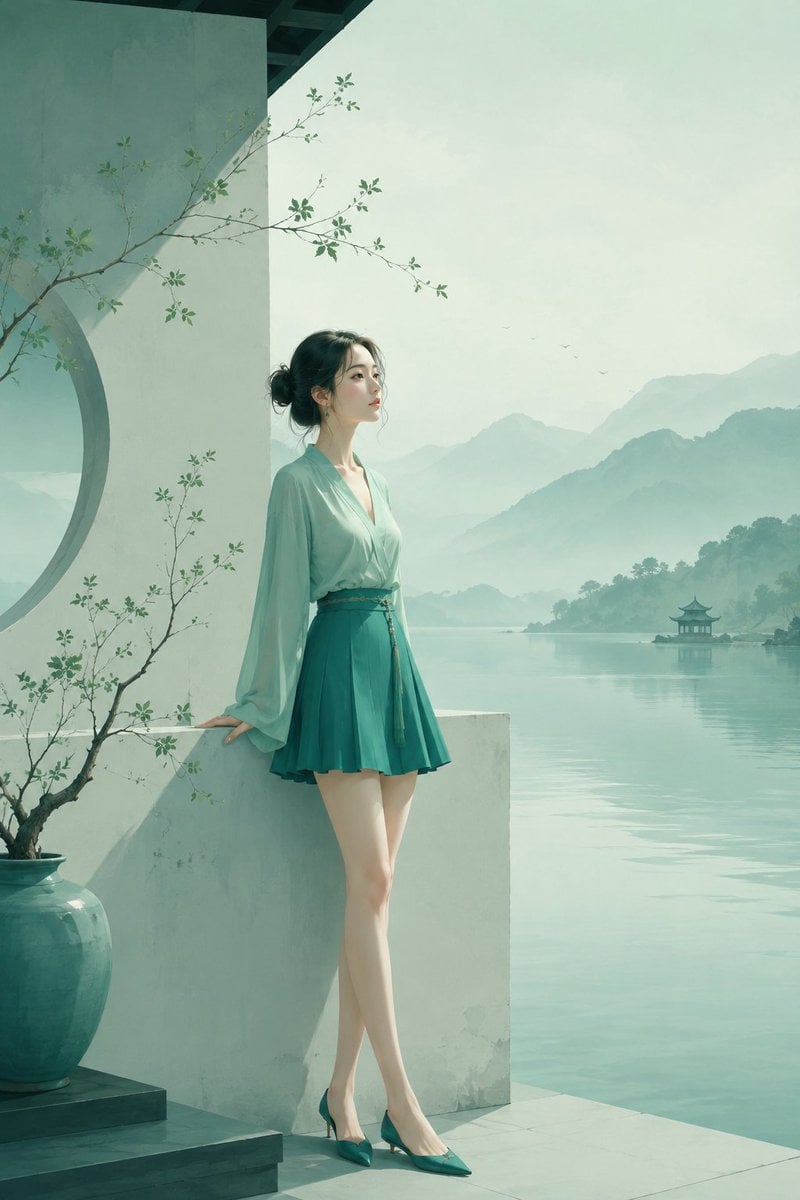极简东方禅意半写实插画，主体为[主体]，青绿颜色体系，较强饱和对比，画面空灵静谧，大面积留白，带轻雾感、静止空气感和朦胧远景层次，可结合极简空间、湖面、远山、器 - AI生成图片 4