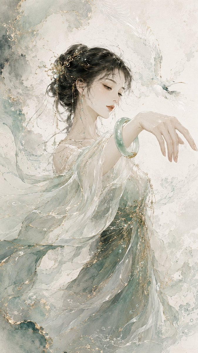 请生成一张 9:16 竖版、原创高级东方珠宝视觉海报。整体风格为东方水墨时装插画，结合高级珠宝 Campaign、轻奢品牌主视觉、细腻金线描绘、水墨留白、宣纸质 - AI生成图片 2