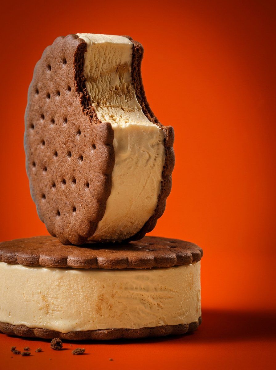 "A studio food still-life of two chocolate ice-cream sandwiches stacked: a whole - AI生成图片 2